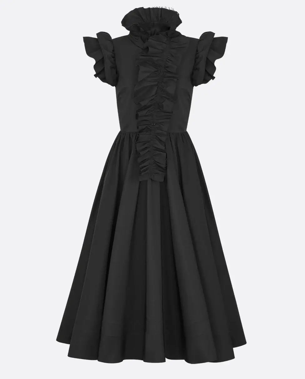 Black Ruffled High-Neck Midi Dress - Dresses