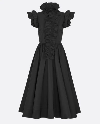 Black Ruffled High-Neck Midi Dress - Dresses
