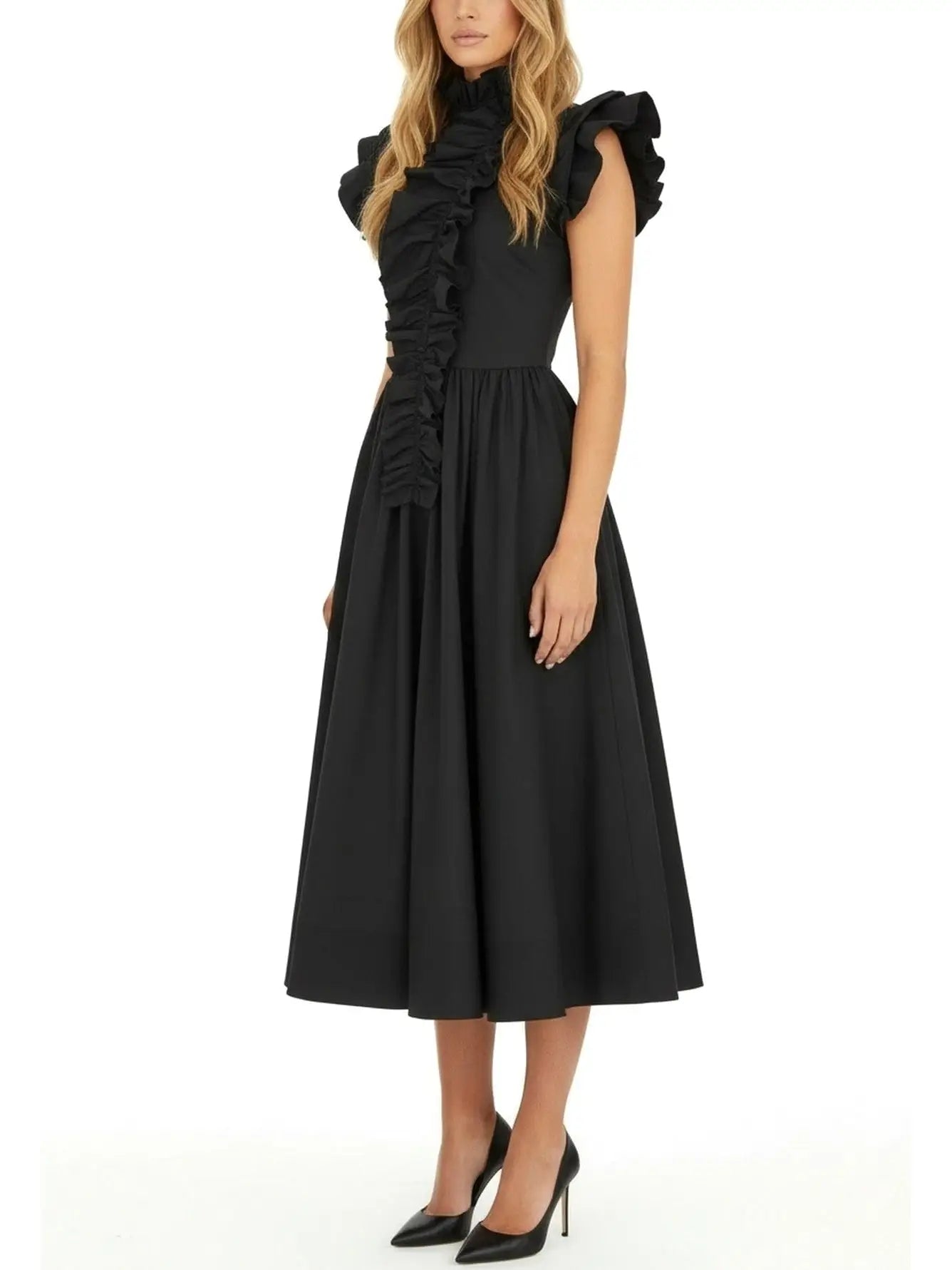 Black Ruffled High-Neck Midi Dress - Dresses