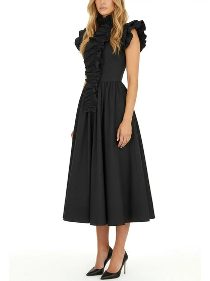 Black Ruffled High-Neck Midi Dress - Dresses