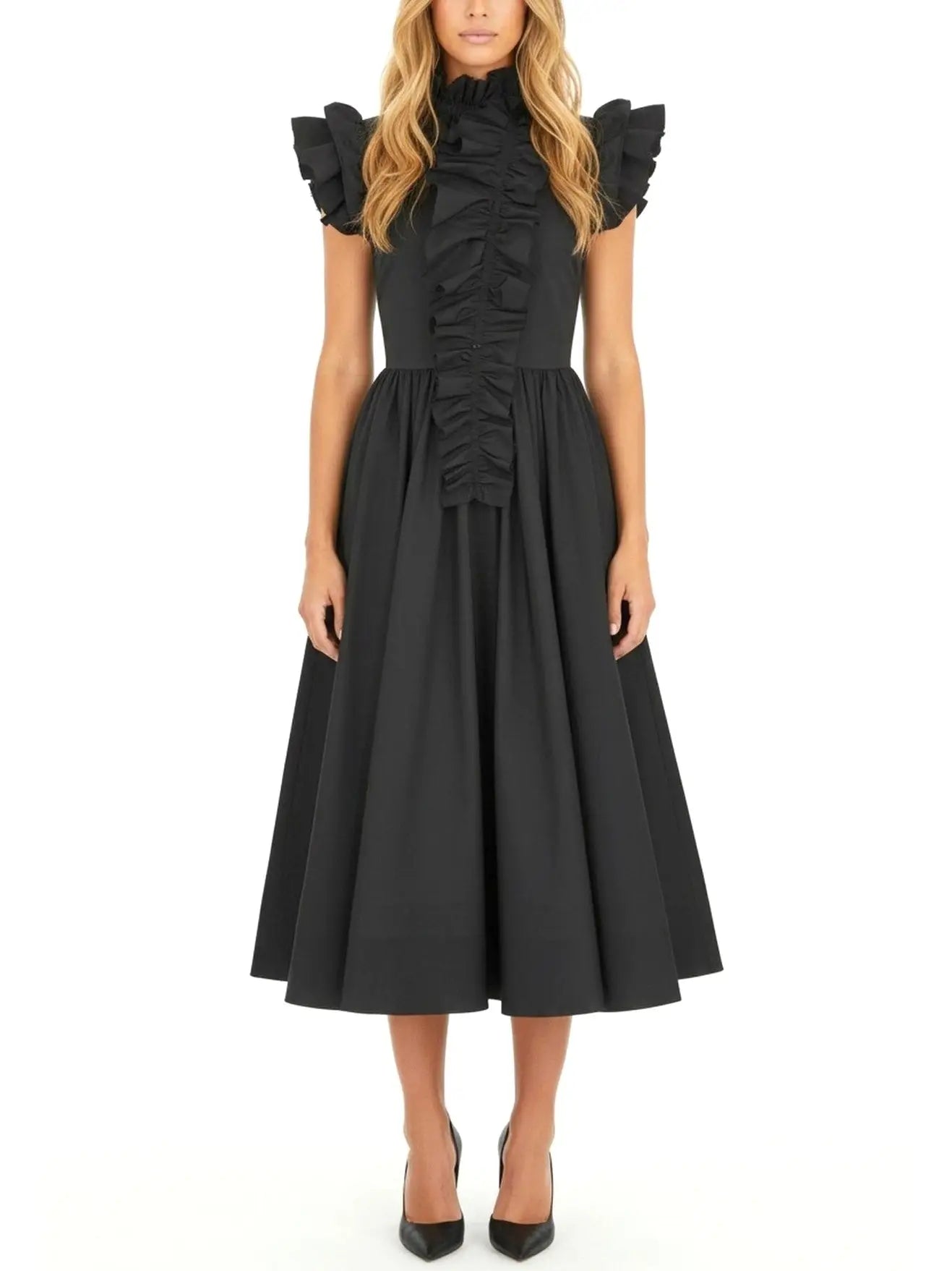Black Ruffled High-Neck Midi Dress - Dresses