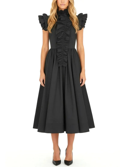 Black Ruffled High-Neck Midi Dress - Dresses