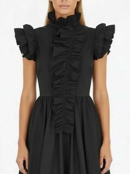Black Ruffled High-Neck Midi Dress - Dresses