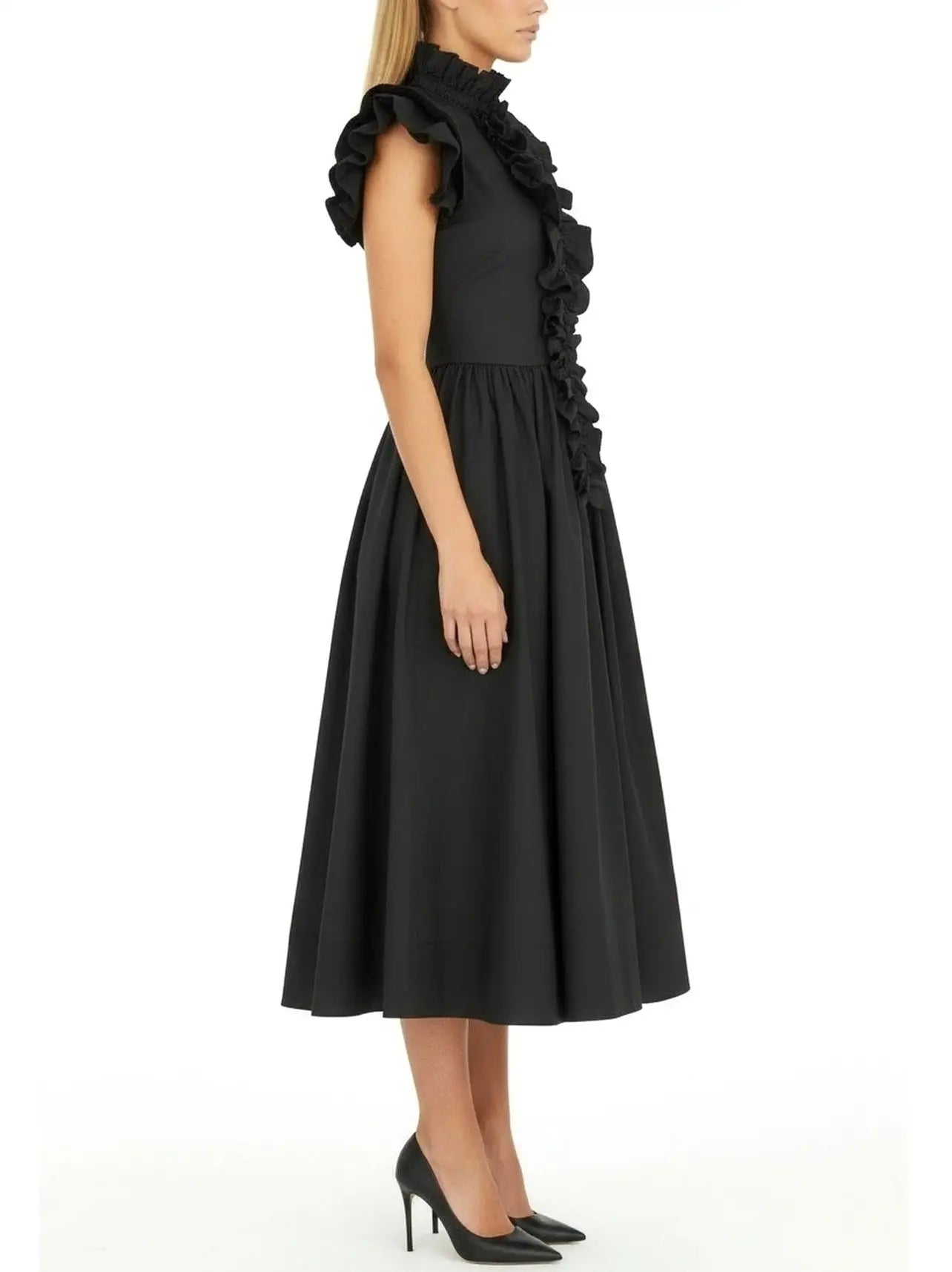 Black Ruffled High-Neck Midi Dress - Dresses