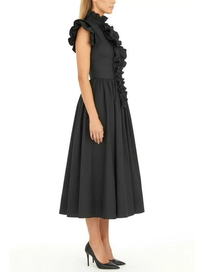 Black Ruffled High-Neck Midi Dress - Dresses