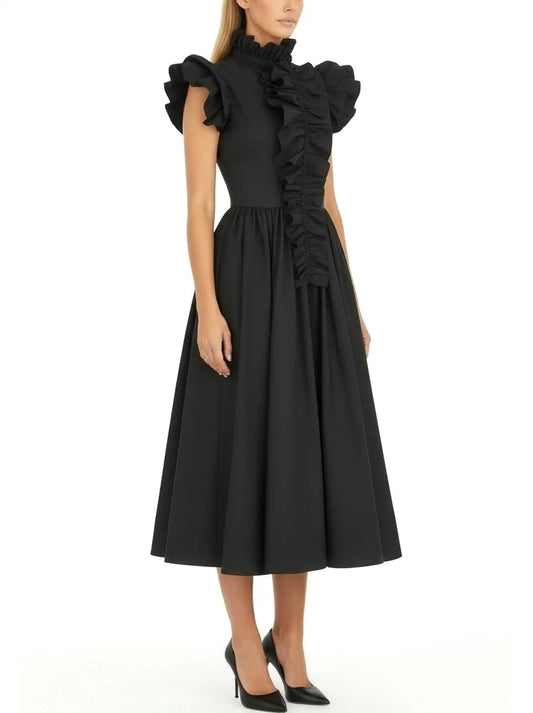 Black Ruffled High-Neck Midi Dress - Dresses