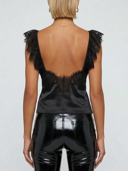 Black Satin Lace V-Neck Button Front Top - Tops