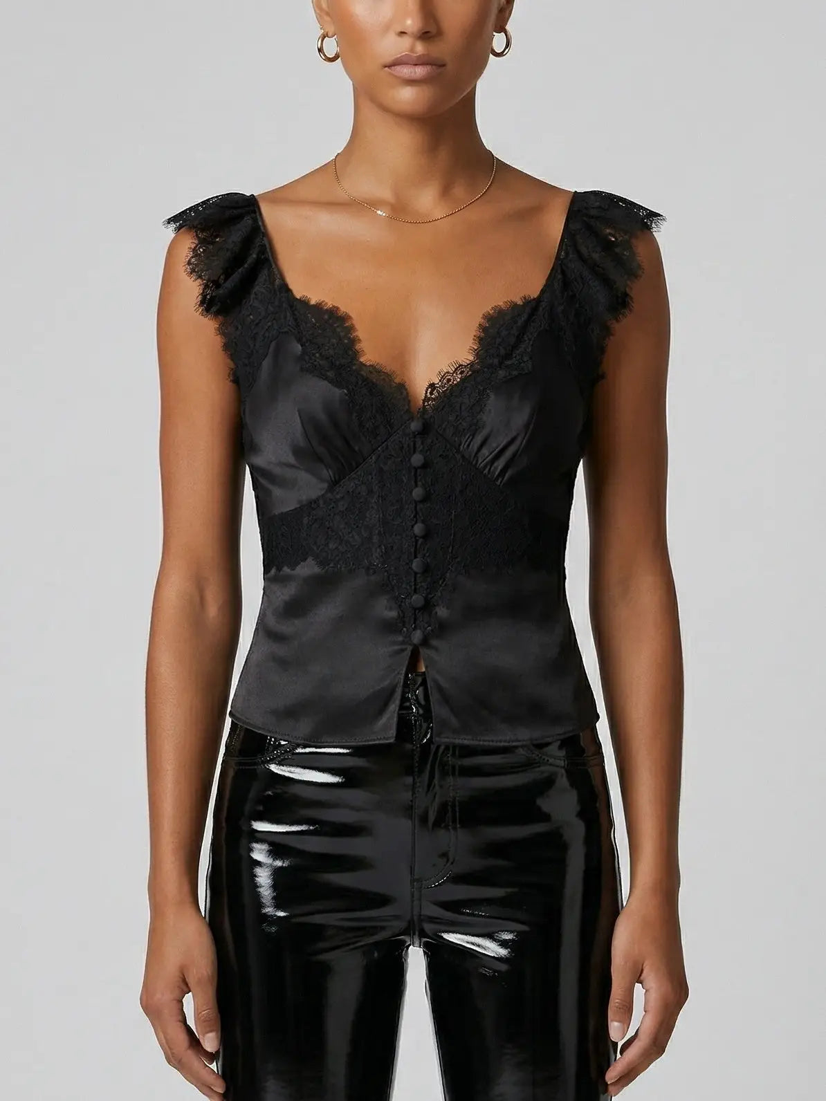 Black Satin Lace V-Neck Button Front Top - Tops