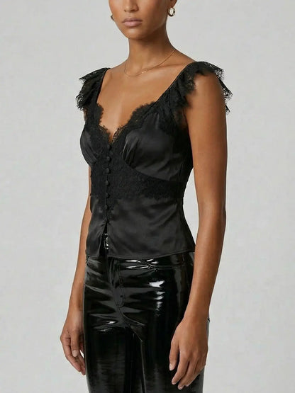 Black Satin Lace V-Neck Button Front Top - Tops