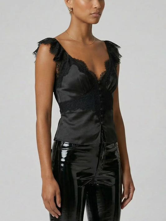 Black Satin Lace V-Neck Button Front Top - Tops