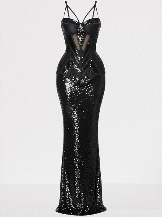 Black Sequin-Embellished Bustier Velvet Panel Gown - Dresses