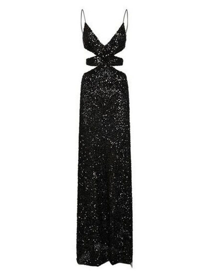 Black Sequin-Embellished Cut-Out Gown - Dresses