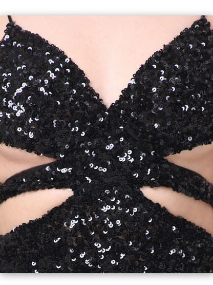 Black Sequin-Embellished Cut-Out Gown - Dresses