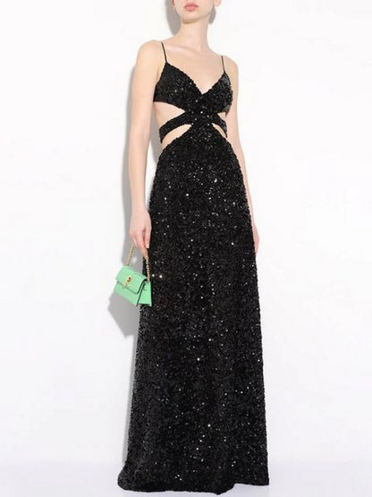 Black Sequin-Embellished Cut-Out Gown - Dresses