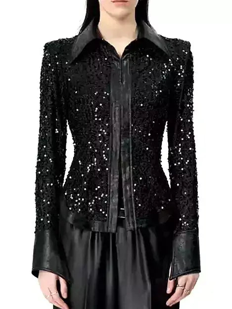 Black Sequin-Embellished Faux-Leather Trim Shirt - Tops