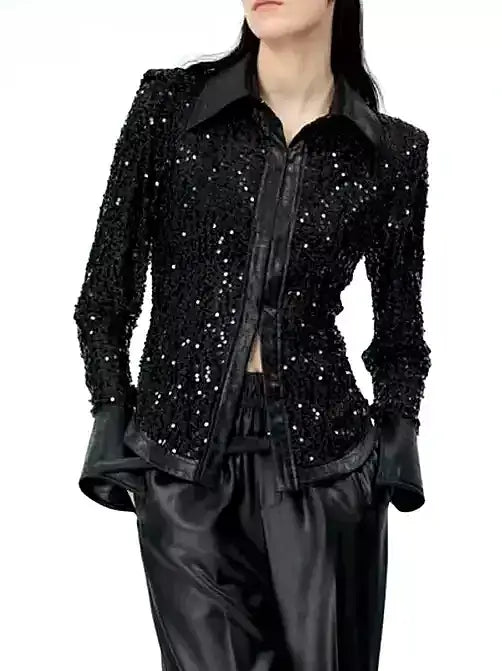 Black Sequin-Embellished Faux-Leather Trim Shirt - Tops