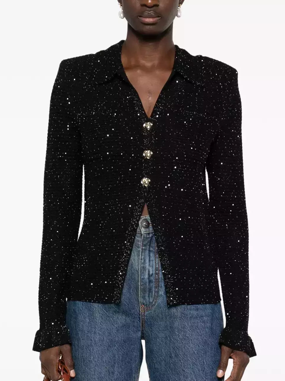 Black Sequin-Embellished Open-Knit Cardigan Branna Couture