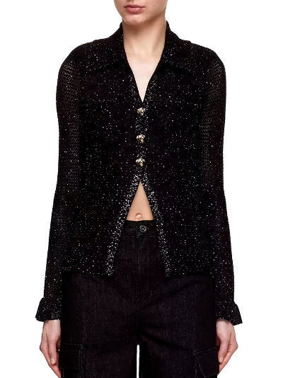 Black Sequin-Embellished Open-Knit Cardigan Branna Couture