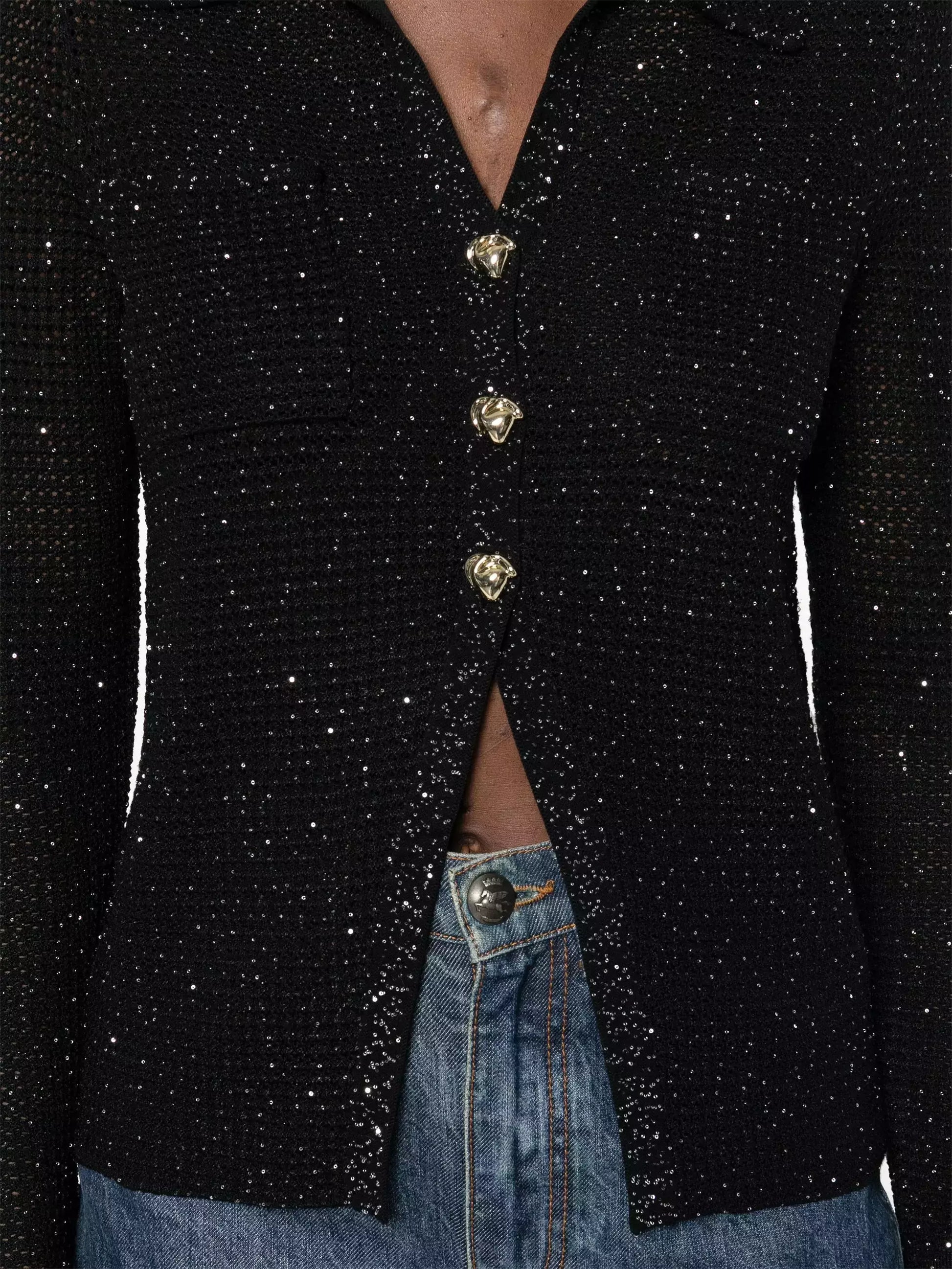 Black Sequin-Embellished Open-Knit Cardigan Branna Couture