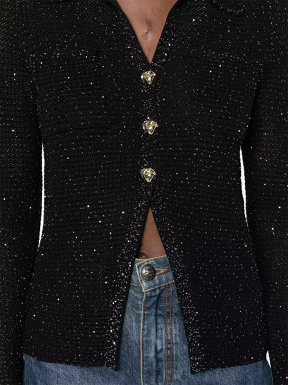 Black Sequin-Embellished Open-Knit Cardigan Branna Couture