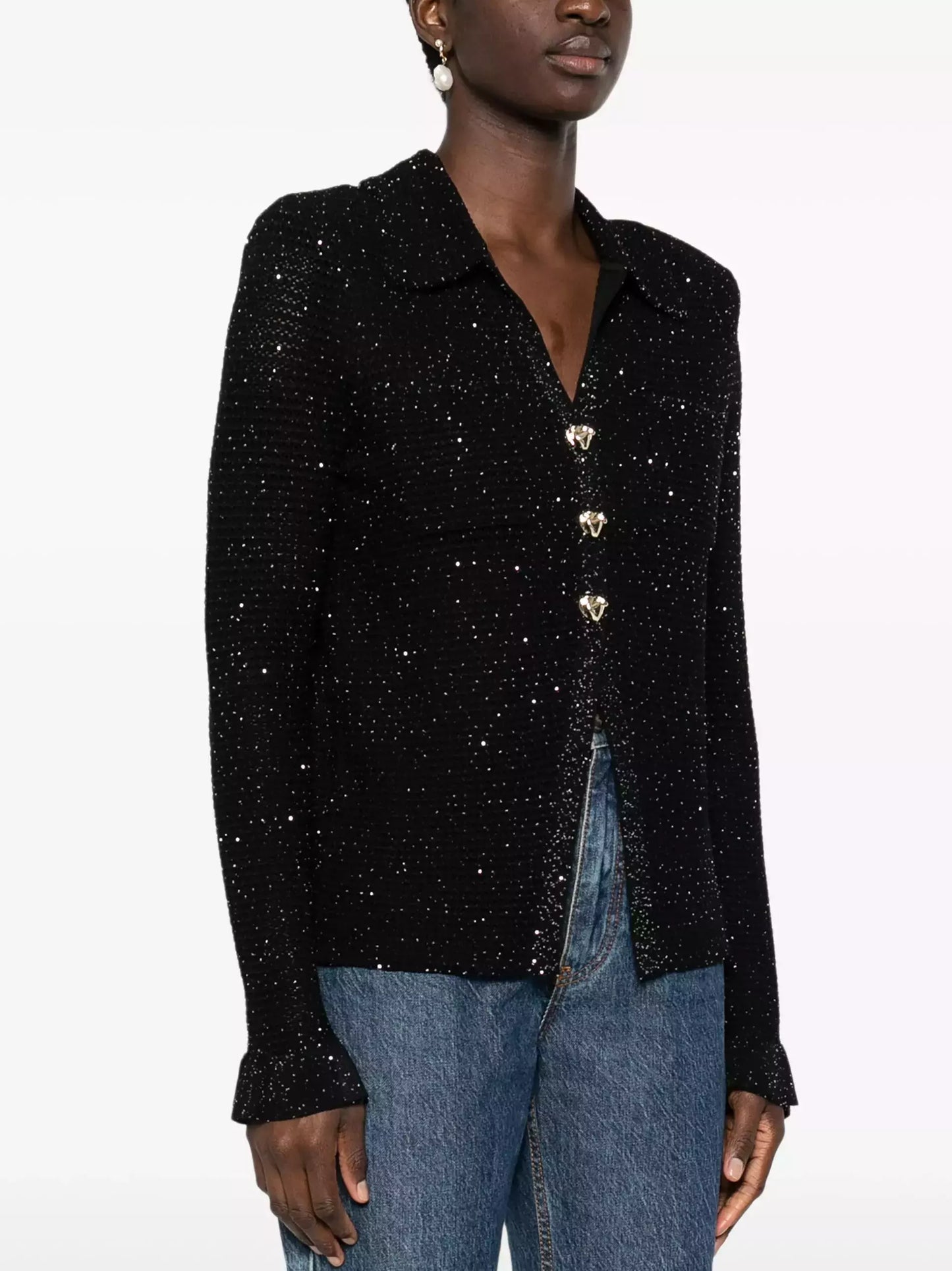 Black Sequin-Embellished Open-Knit Cardigan Branna Couture