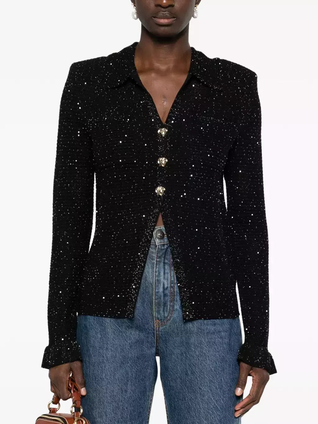 Black Sequin-Embellished Open-Knit Cardigan Branna Couture