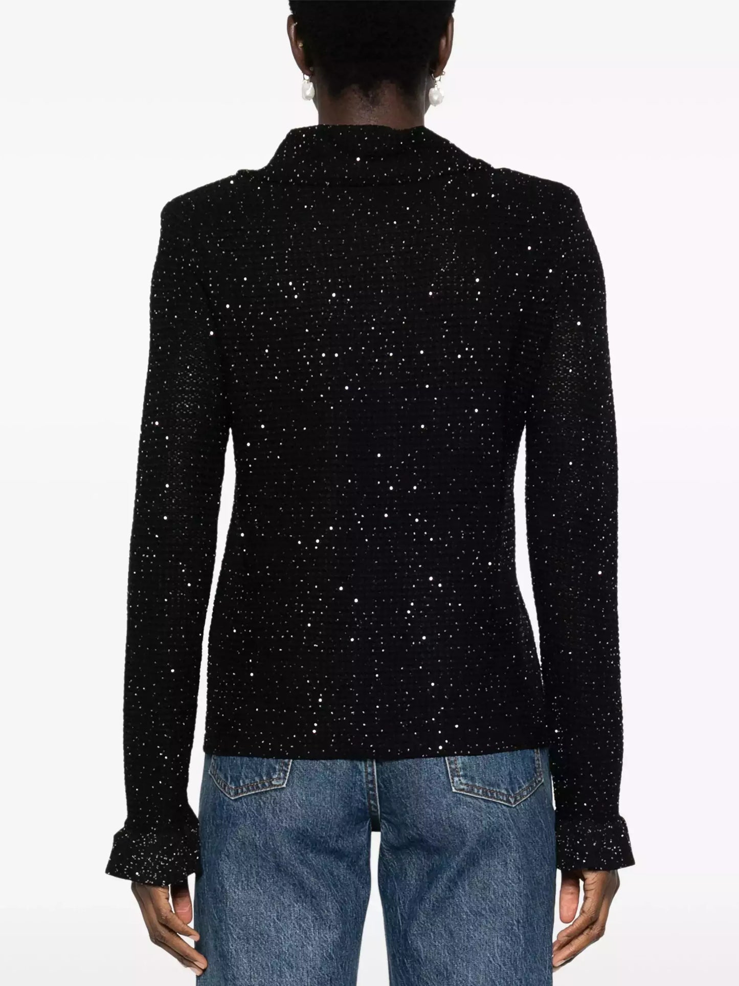 Black Sequin-Embellished Open-Knit Cardigan Branna Couture