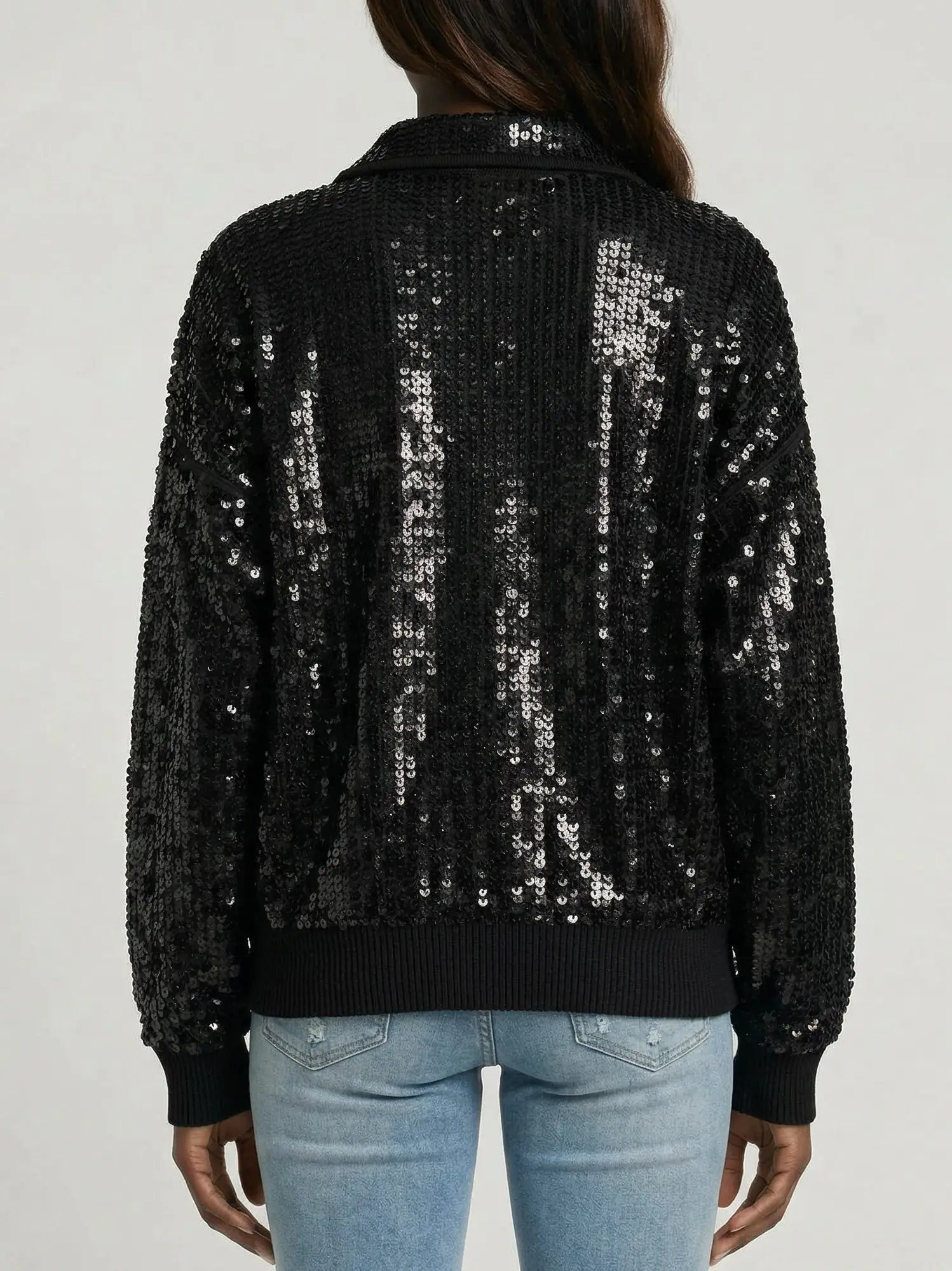 Black Sequin Cashmere Knit Zip Jacket - Jackets