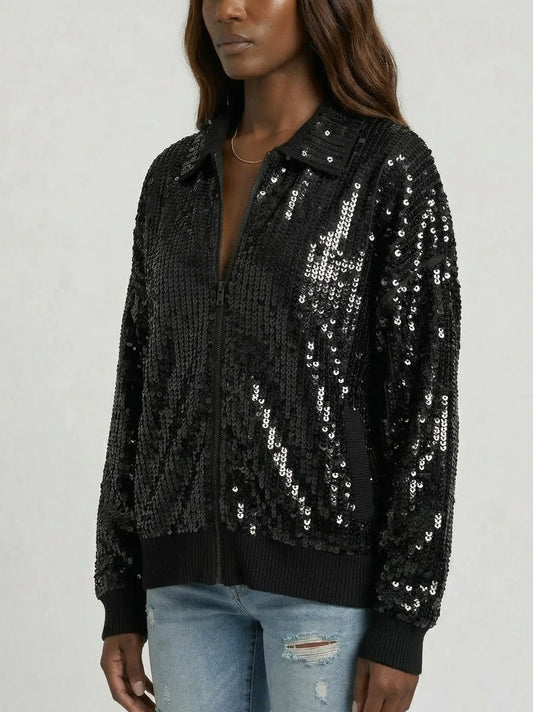 Black Sequin Cashmere Knit Zip Jacket - Jackets