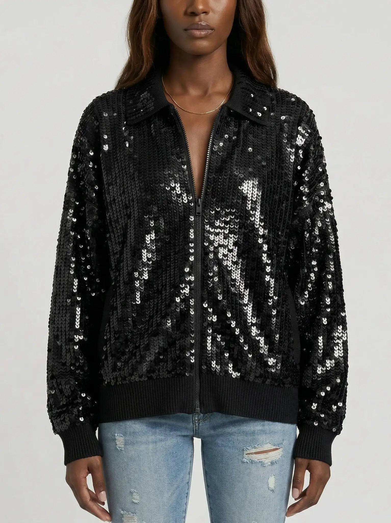 Black Sequin Cashmere Knit Zip Jacket - Jackets