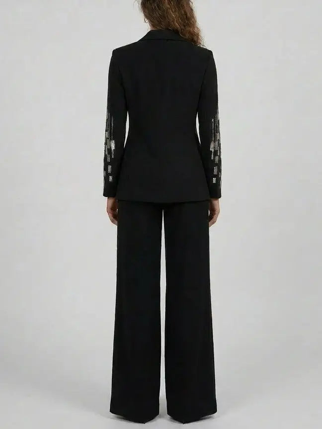 Black Sequin Embellished Blazer and Flared Pants Suit - Suits & Sets
