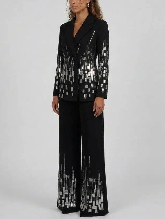 Black Sequin Embellished Blazer and Flared Pants Suit - Suits & Sets