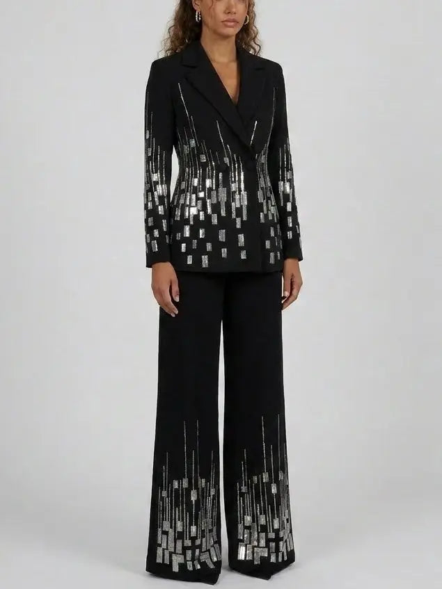 Black Sequin Embellished Blazer and Flared Pants Suit - Suits & Sets