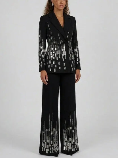 Black Sequin Embellished Blazer and Flared Pants Suit - Suits & Sets