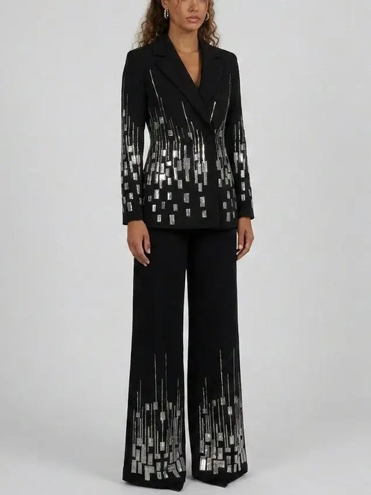 Black Sequin Embellished Blazer and Flared Pants Suit - Suits & Sets