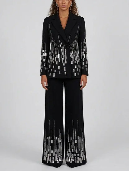 Black Sequin Embellished Blazer and Flared Pants Suit - Suits & Sets