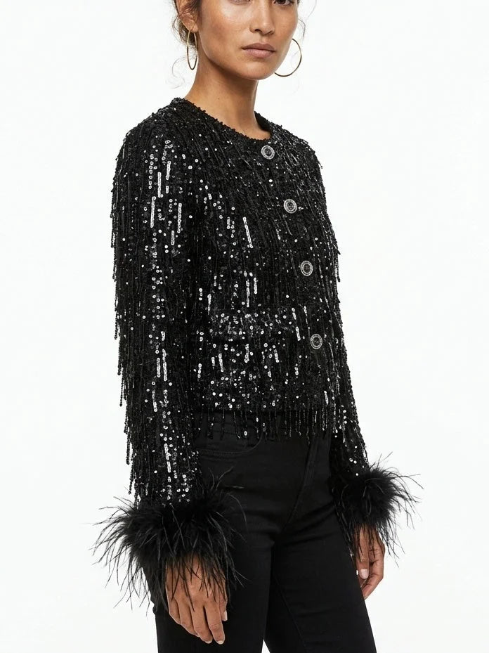 Black Sequin Embellished Cropped Jacket with Feather Cuffs - Jackets