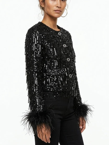 Black Sequin Embellished Cropped Jacket with Feather Cuffs - Jackets