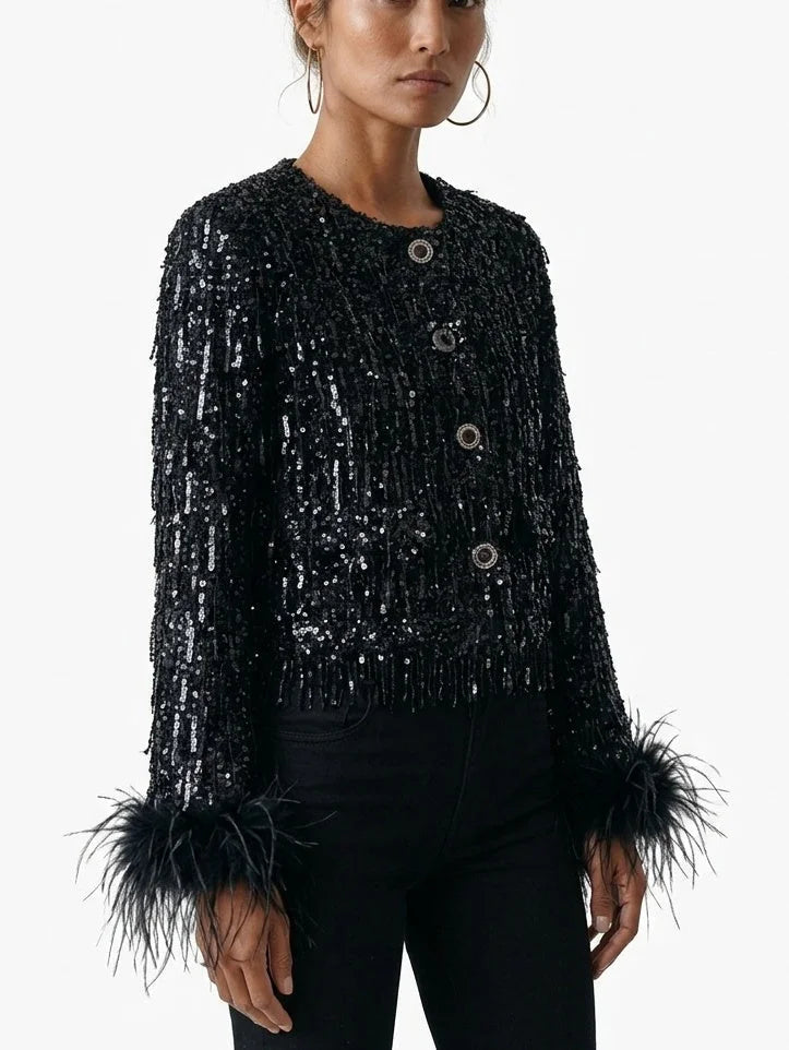 Black Sequin Embellished Cropped Jacket with Feather Cuffs - Jackets