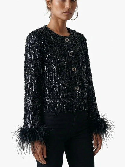 Black Sequin Embellished Cropped Jacket with Feather Cuffs - Jackets