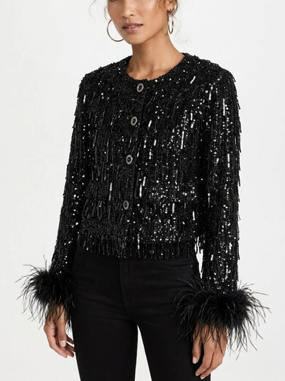 Black Sequin Embellished Cropped Jacket with Feather Cuffs - Jackets