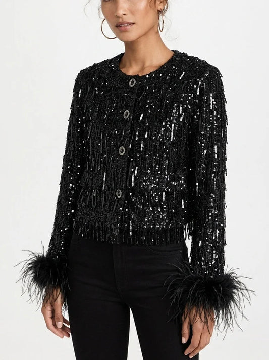 Black Sequin Embellished Cropped Jacket with Feather Cuffs - Jackets