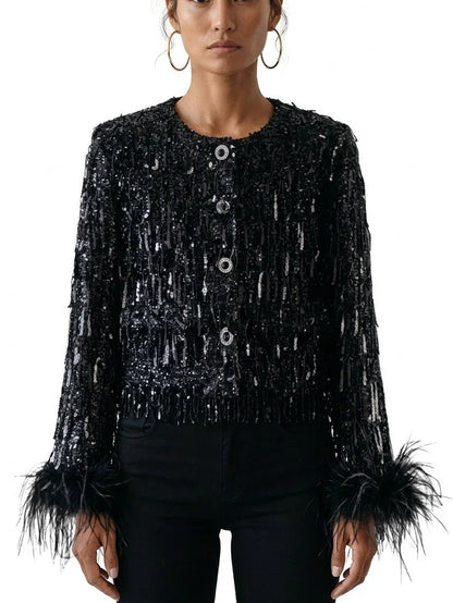 Black Sequin Embellished Cropped Jacket with Feather Cuffs - Jackets