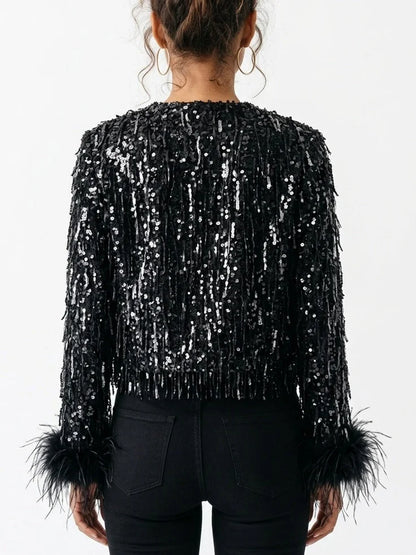 Black Sequin Embellished Cropped Jacket with Feather Cuffs - Jackets