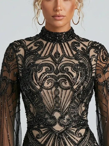 Black Sequin Embellished Illusion Tulle Evening Gown - Dresses