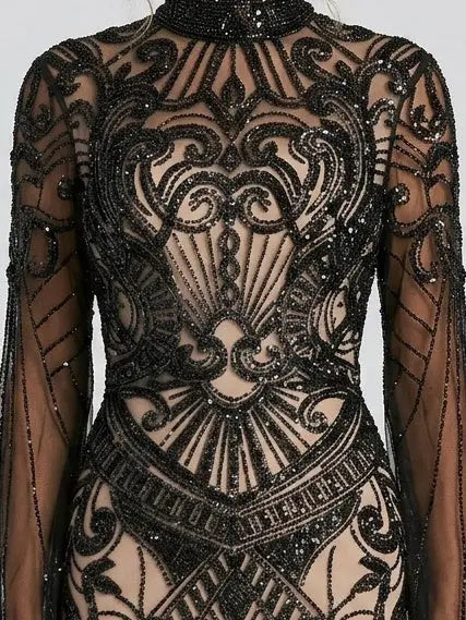 Black Sequin Embellished Illusion Tulle Evening Gown - Dresses