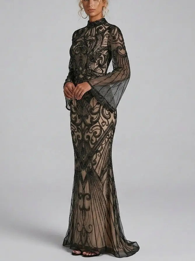 Black Sequin Embellished Illusion Tulle Evening Gown - Dresses