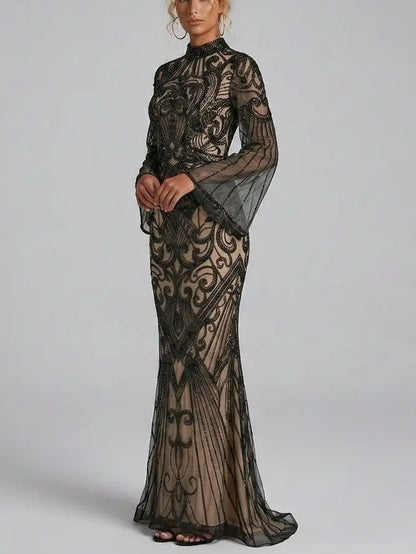 Black Sequin Embellished Illusion Tulle Evening Gown - Dresses