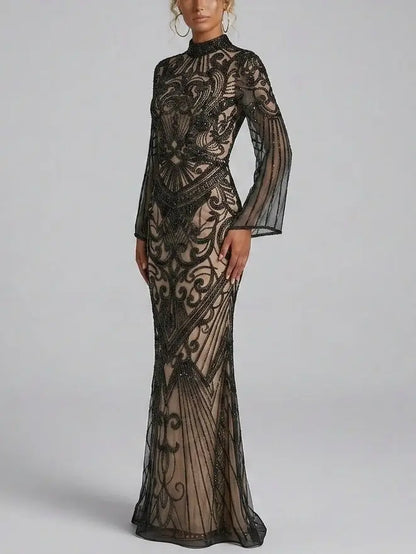 Black Sequin Embellished Illusion Tulle Evening Gown - Dresses