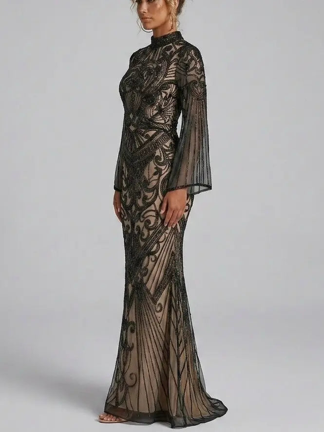 Black Sequin Embellished Illusion Tulle Evening Gown - Dresses